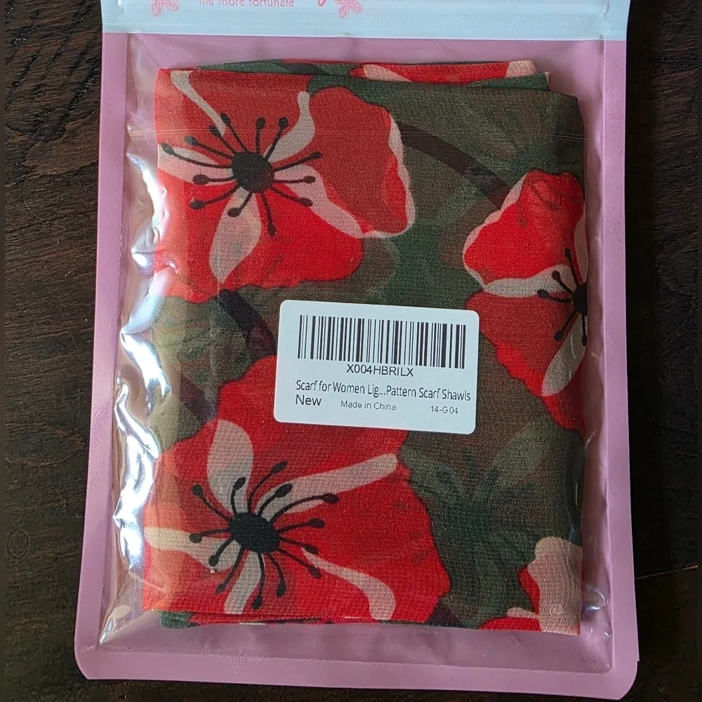 NWT Red Poppy Floral Chiffon Long Scarf Wrap- Sheer Emerald Green 63